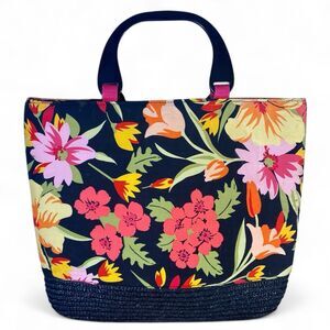 Floral Wheat Straw Tote Bag Dual Handle Snap Closure Brightly Colored Handbag